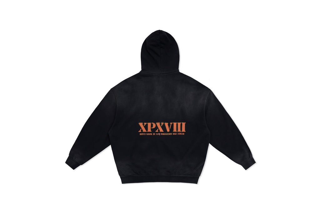 XPX XPXVIII. BLACK ZIP UP HOODIE IN WASH EFFECT