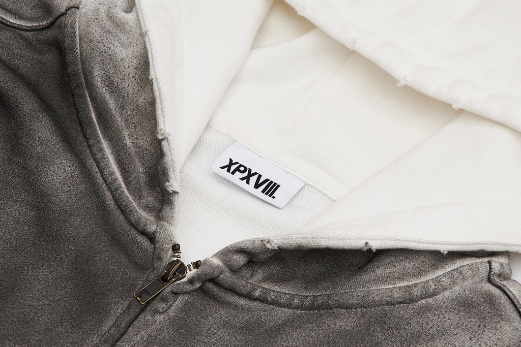 XPX XPXVIII. WHITE & BLACK ZIP UP HOODIE IN WASH EFFECT